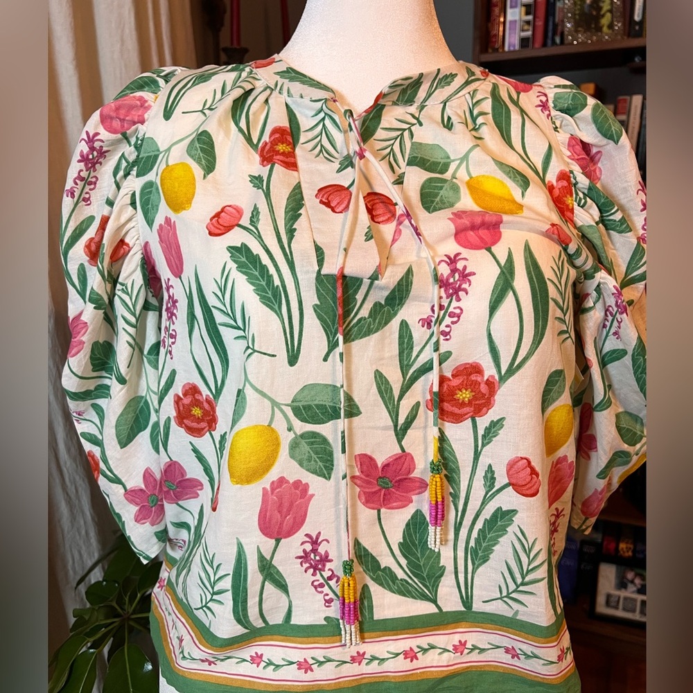Rachel Zoe Floral Lemon Blouse Linen Blend | Puff Sleeve Tie Neck Top L Spring